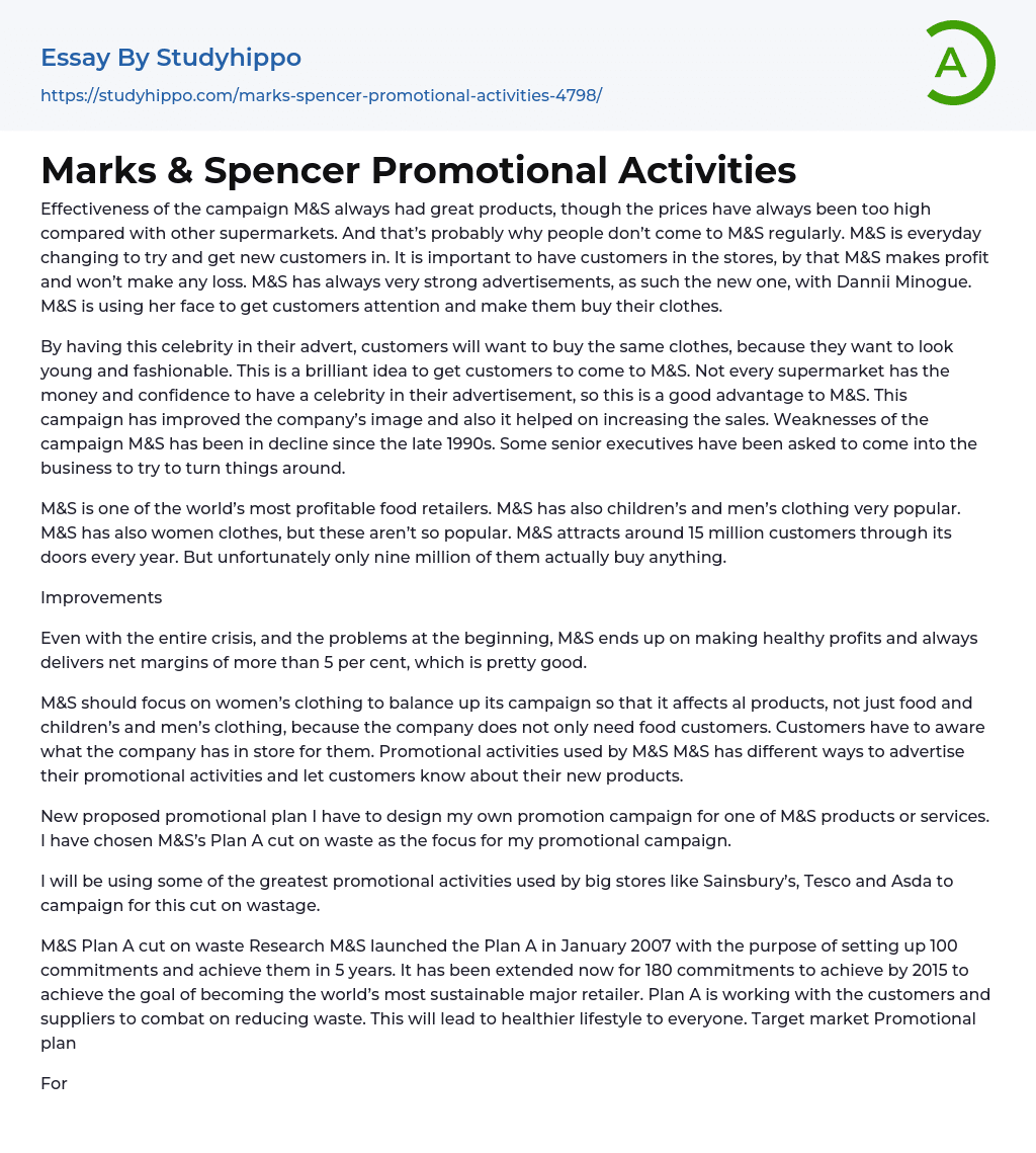 Marks & Spencer Promotional Activities Essay Example
