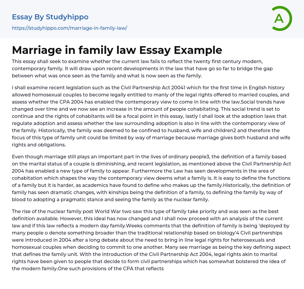 Marriage in family law Essay Example