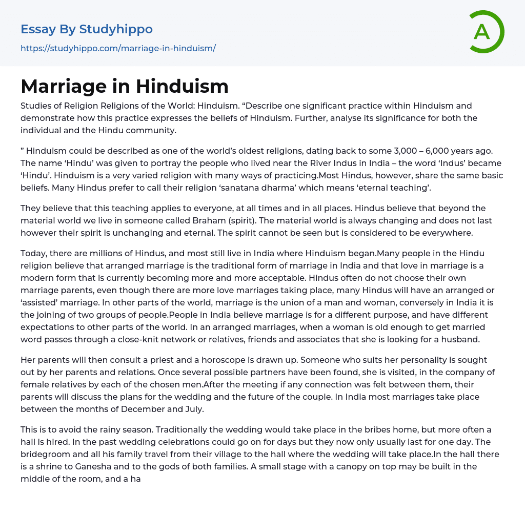 Marriage in Hinduism Essay Example