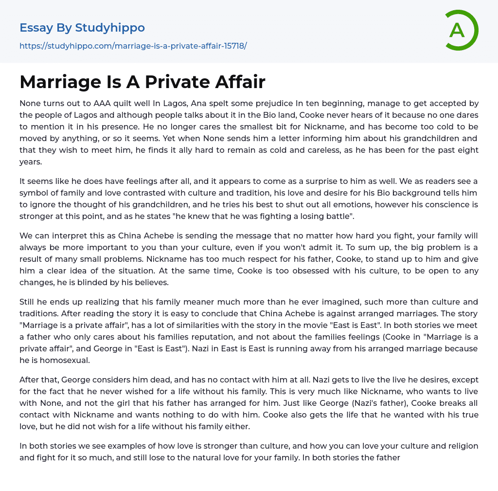 Marriage Is A Private Affair Essay Example