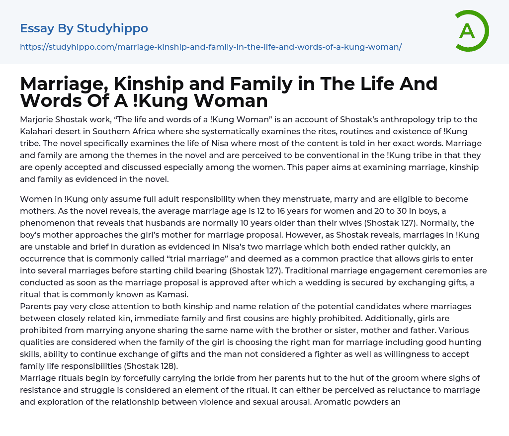 Marriage, Kinship and Family in The Life And Words Of A !Kung Woman Essay Example