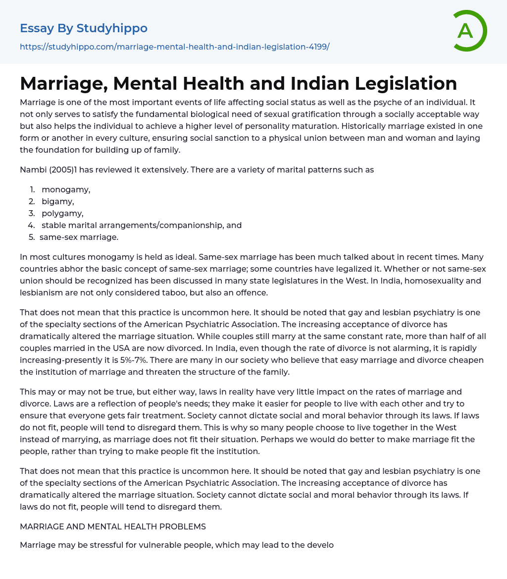 Marriage, Mental Health and Indian Legislation Essay Example