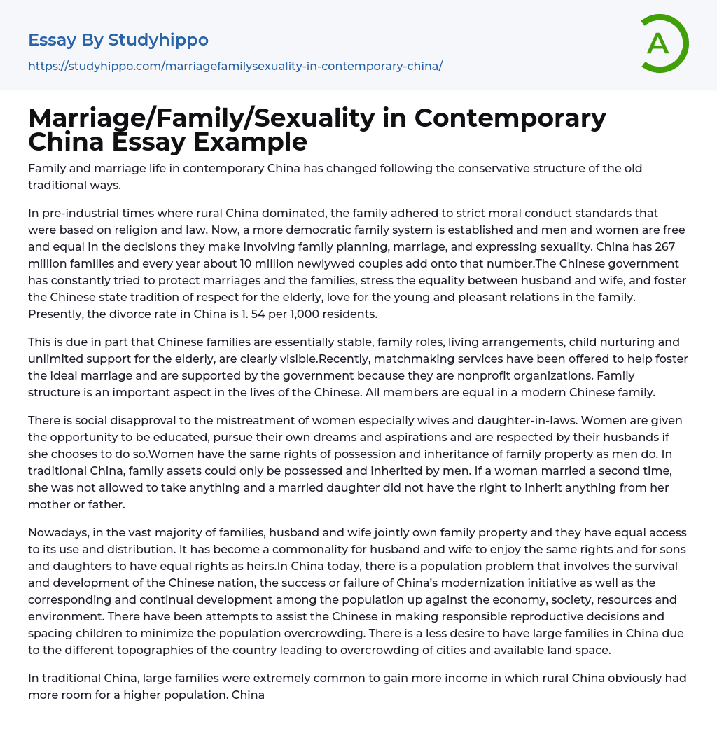 Marriage/Family/Sexuality in Contemporary China Essay Example