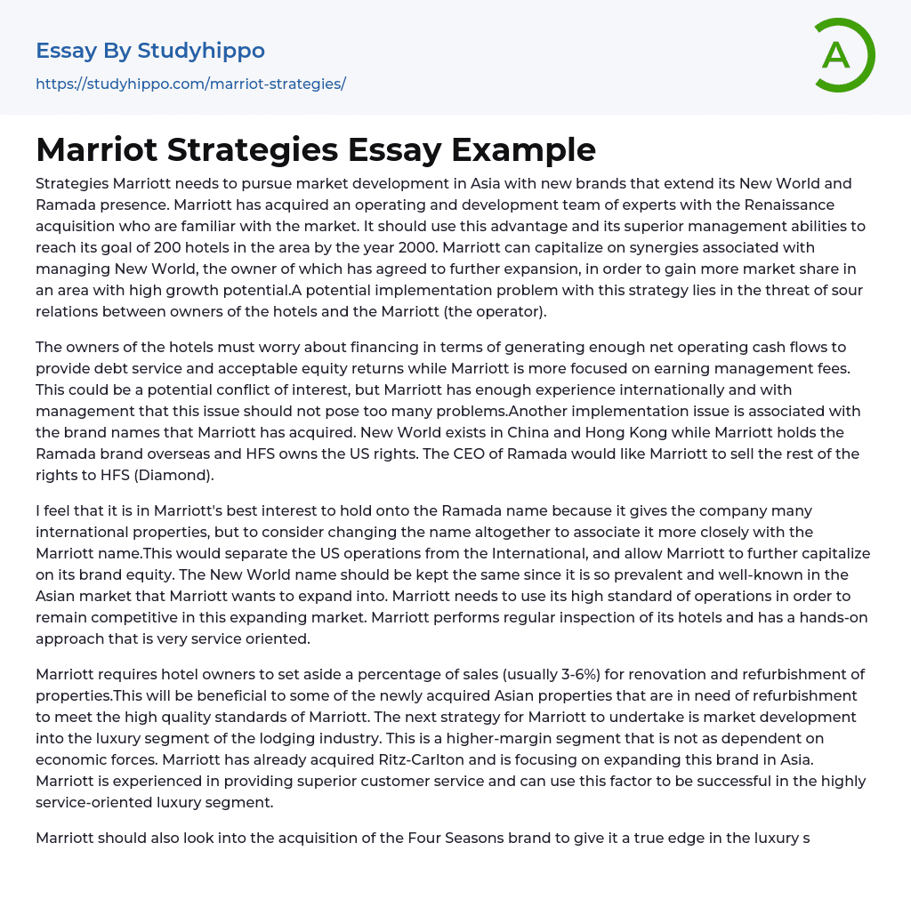 Marriot Strategies Essay Example