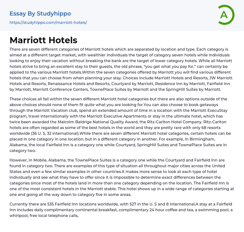 Marriott Hotels Essay Example