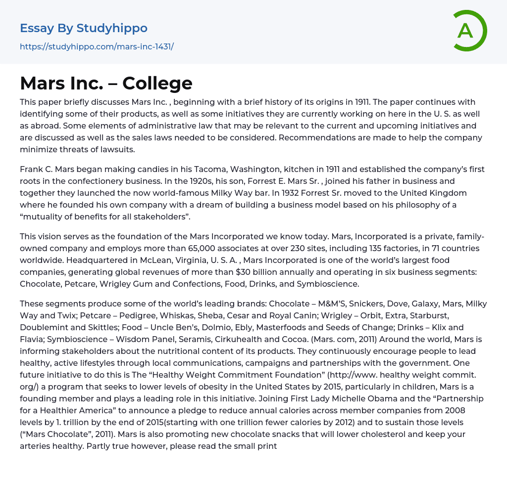 Mars Inc. – College Essay Example