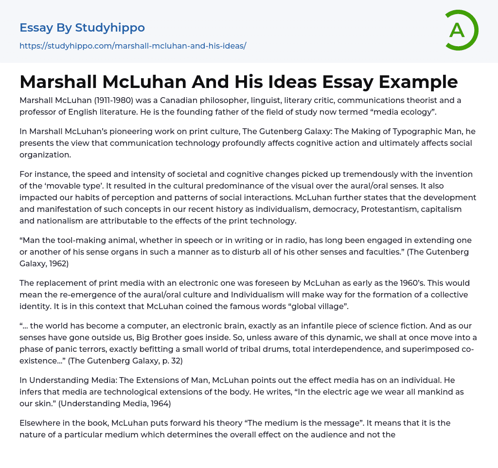 Marshall McLuhan And His Ideas Essay Example