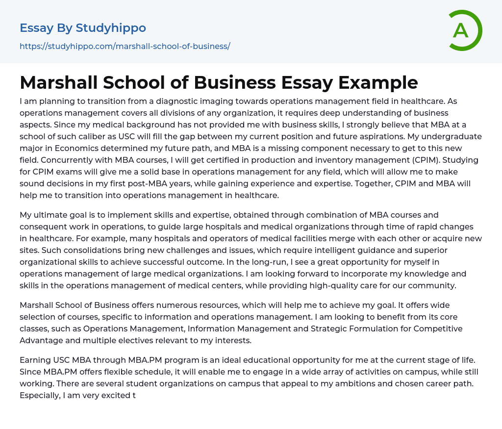 Marshall School of Business Essay Example