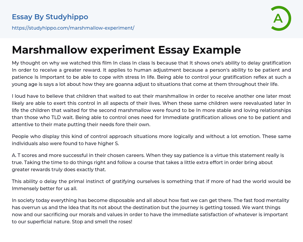 Marshmallow experiment Essay Example