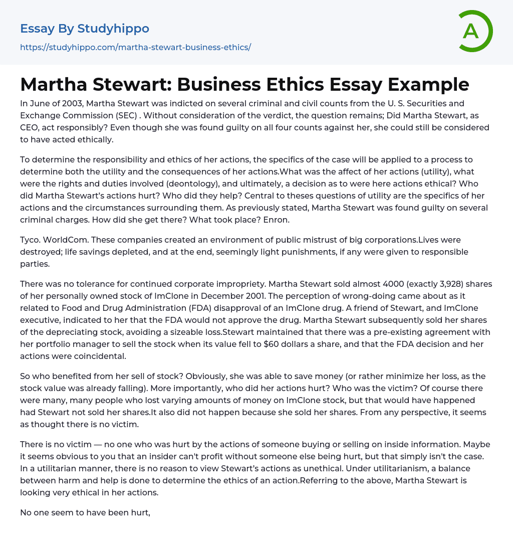 Martha Stewart: Business Ethics Essay Example