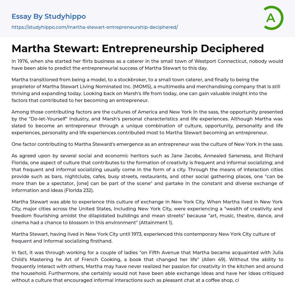 Martha Stewart: Entrepreneurship Deciphered Essay Example