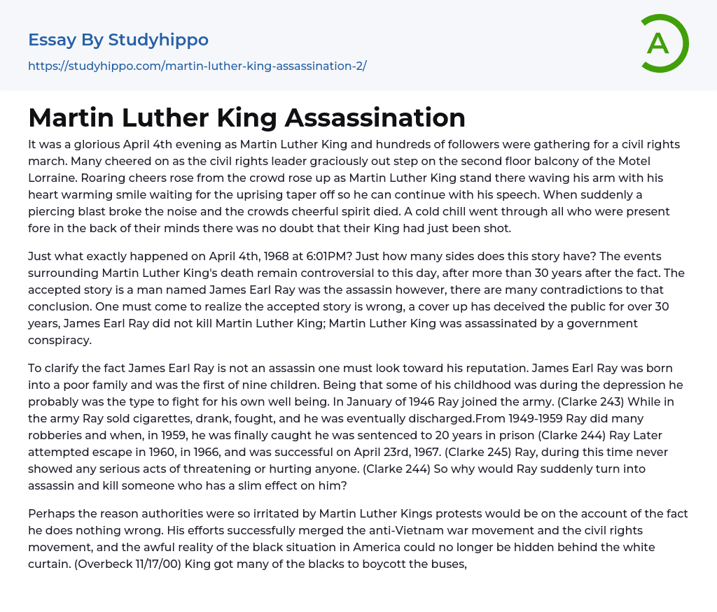 Martin Luther King Assassination Essay Example