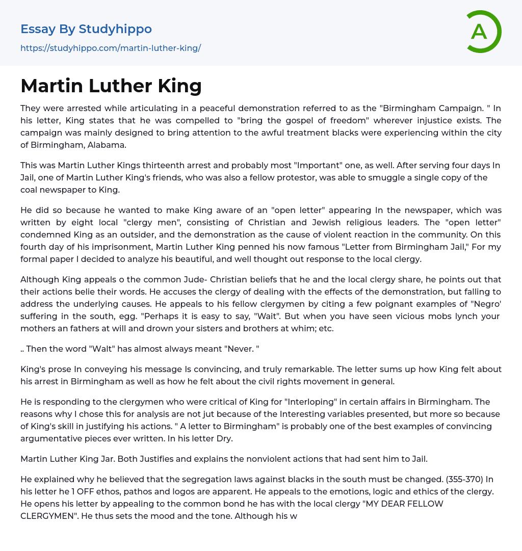 Martin Luther King Essay Example