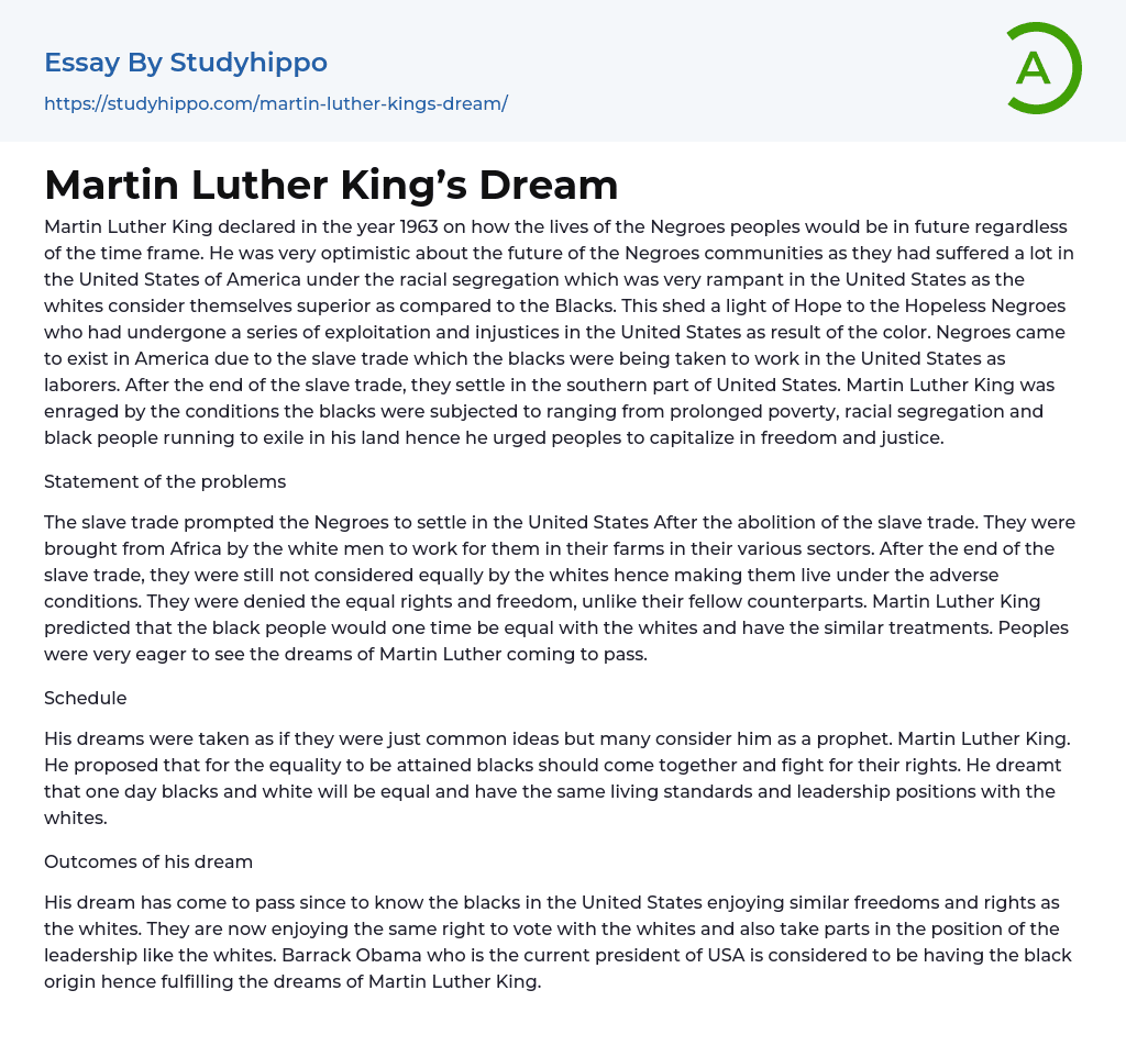 Martin Luther King’s Dream Essay Example