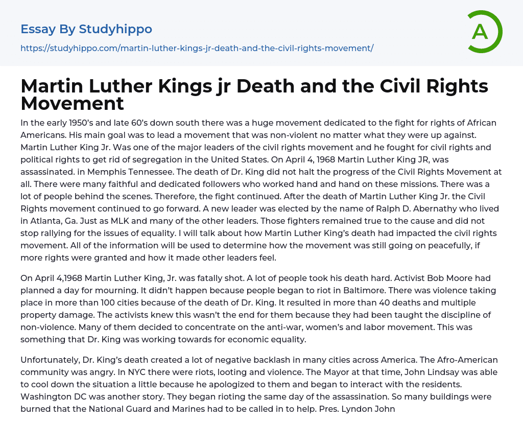 Martin Luther Kings jr Death and the Civil Rights Movement Essay Example