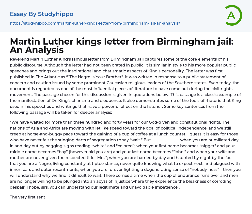 Martin Luther kings letter from Birmingham jail: An Analysis Essay Example
