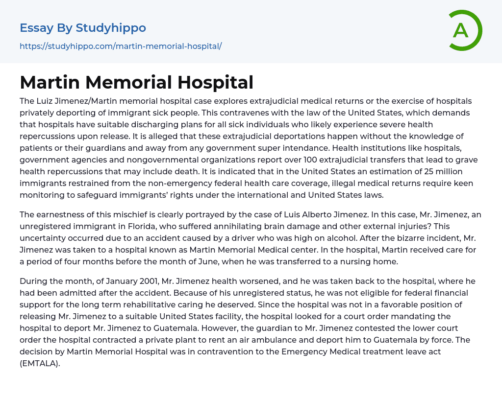 Martin Memorial Hospital Essay Example