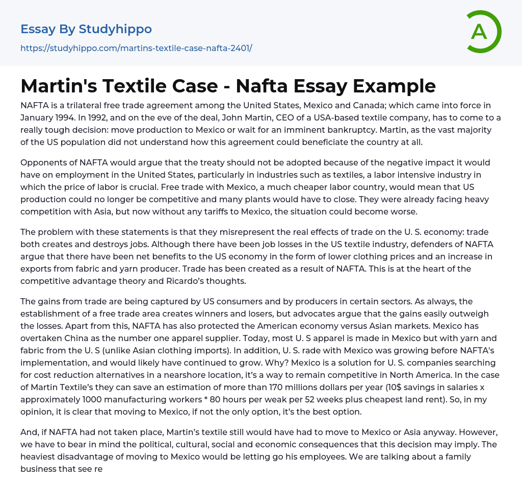 Martin’s Textile Case – Nafta Essay Example