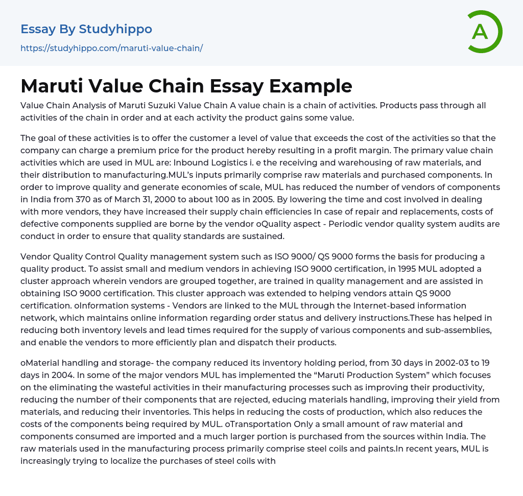 Maruti Value Chain Essay Example