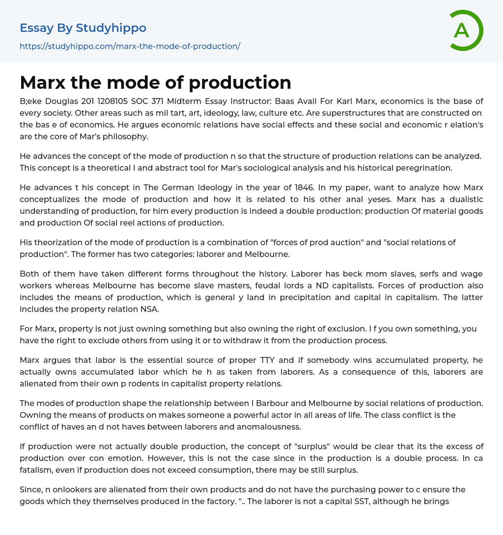 Marx the Mode of Production Essay Example