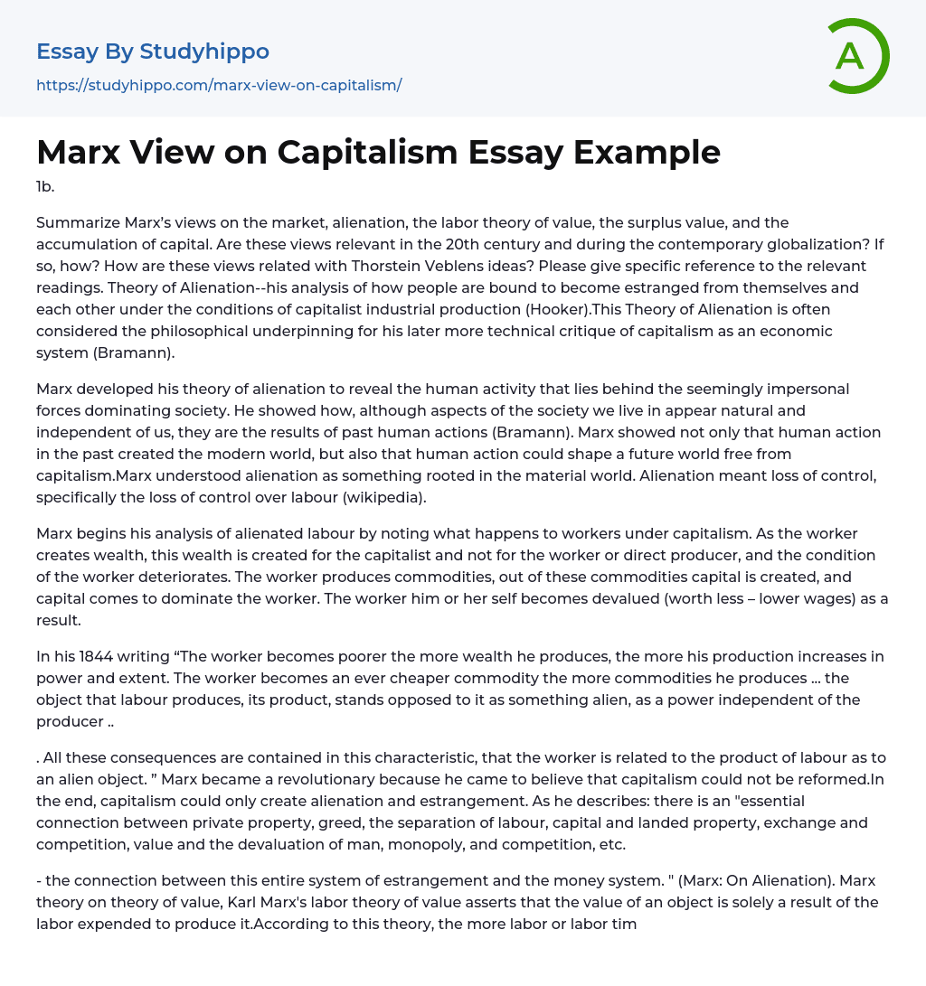 Marx View on Capitalism Essay Example