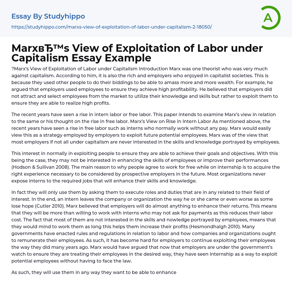 Marx’s View of Exploitation of Labor under Capitalism Essay Example