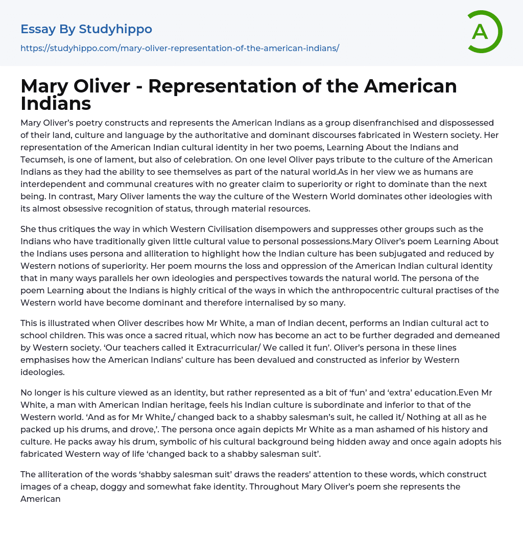Mary Oliver – Representation of the American Indians Essay Example