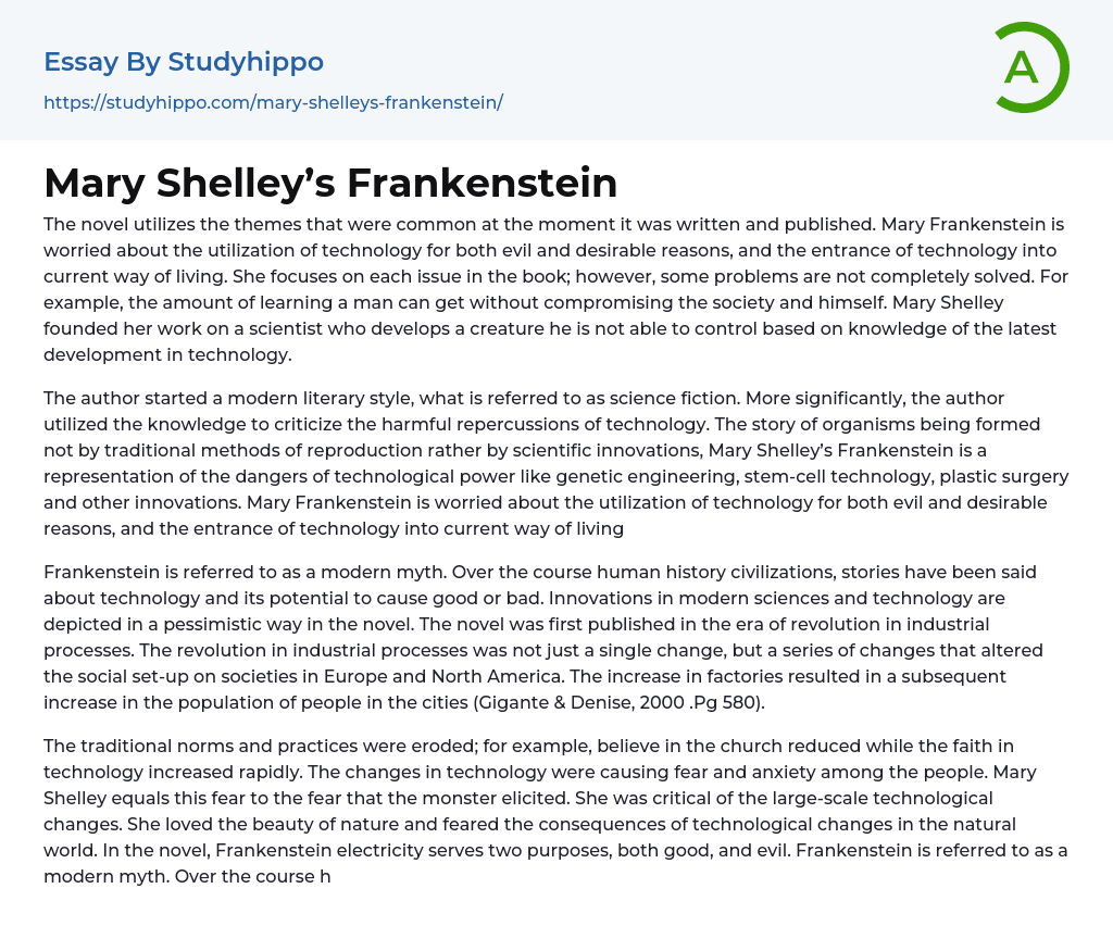 essay about mary shelley's frankenstein