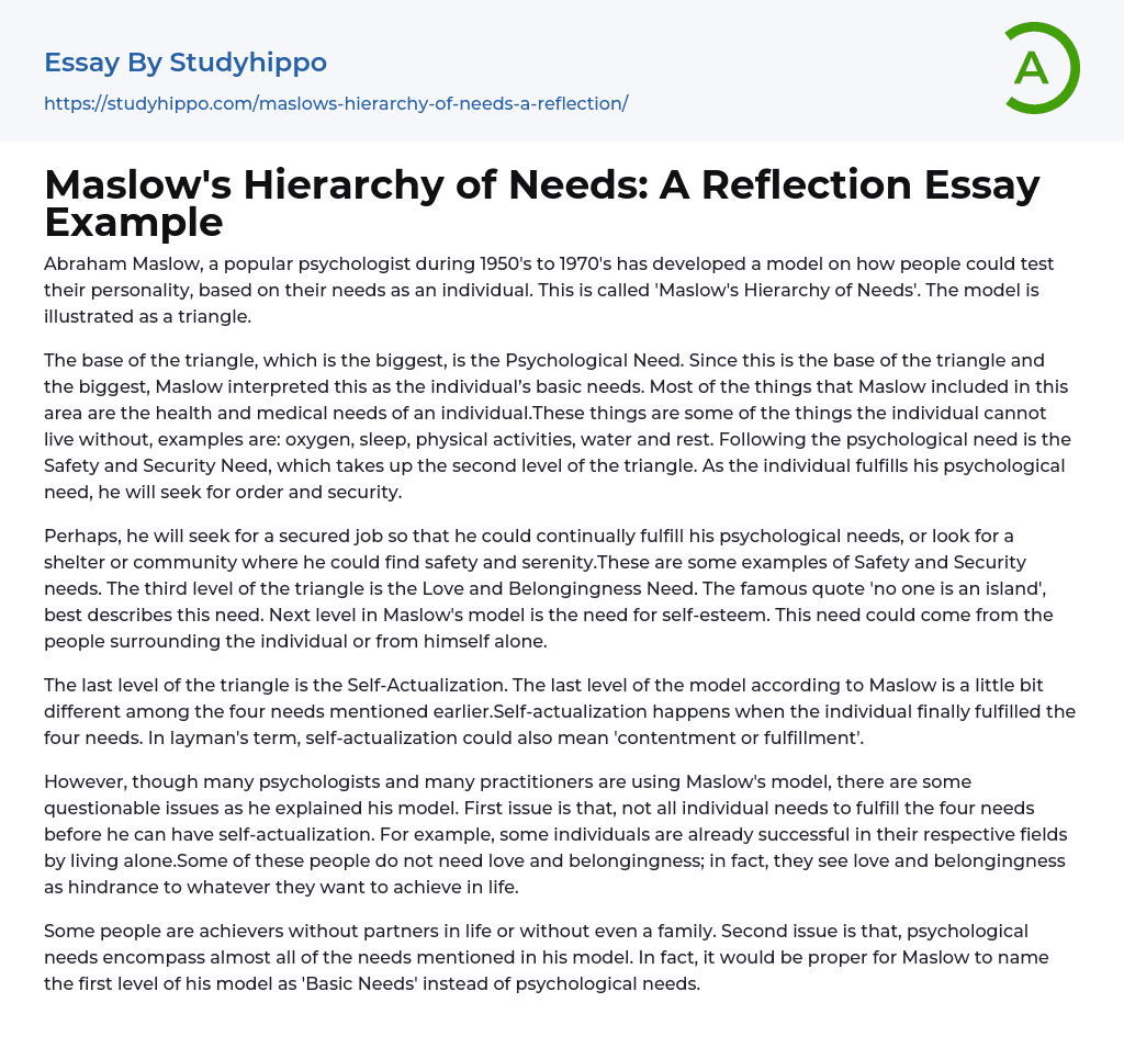 Maslow’s Hierarchy of Needs: A Reflection Essay Example