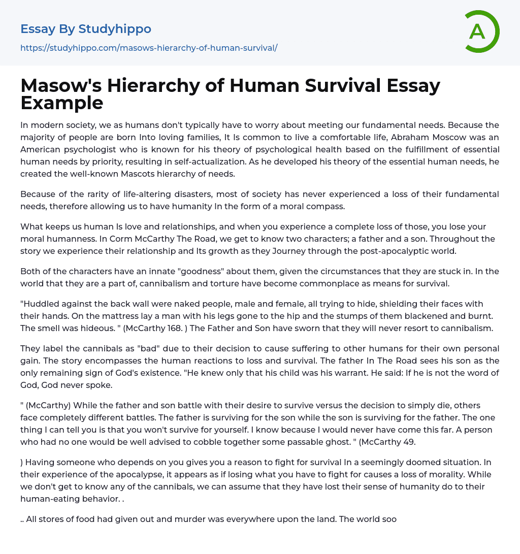 Masow’s Hierarchy of Human Survival Essay Example