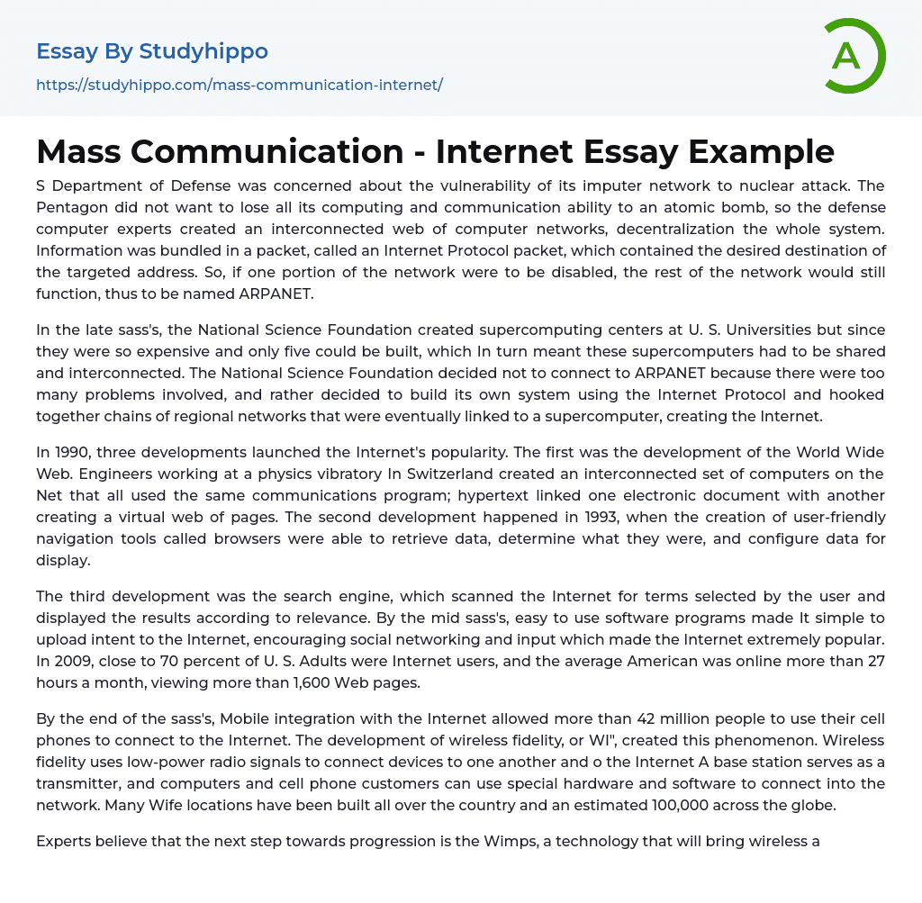 Mass Communication – Internet Essay Example