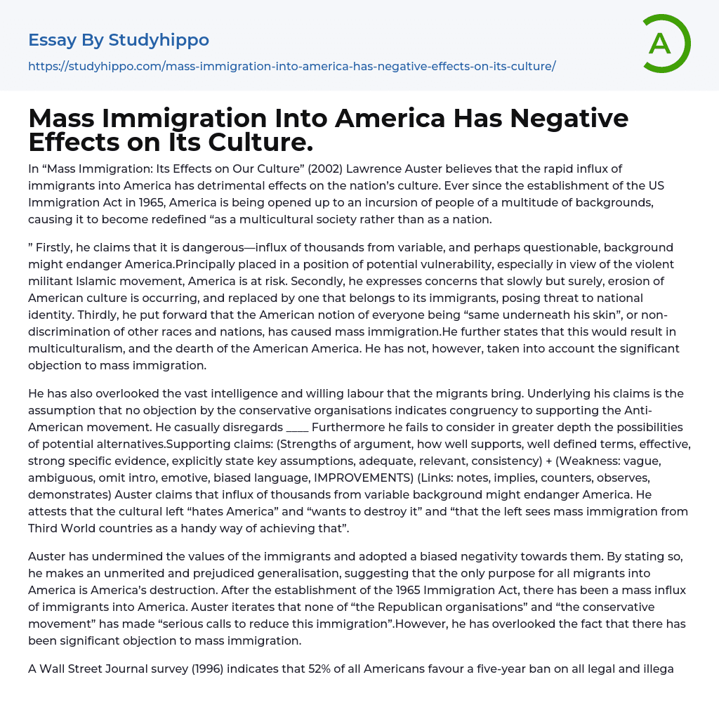 Mass Immigration Into America Has Negative Effects on Its Culture. Essay Example