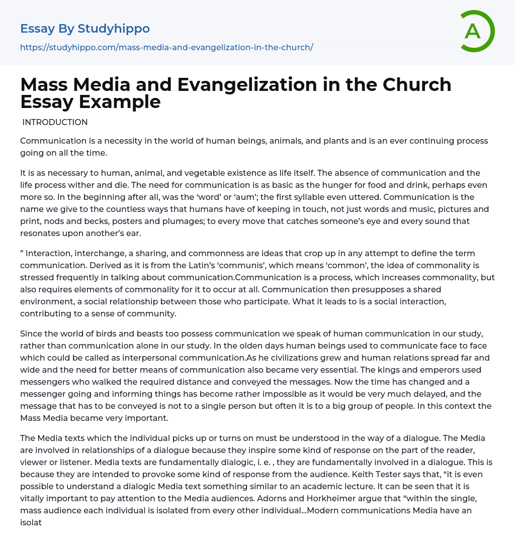 Mass Media and Evangelization in the Church Essay Example