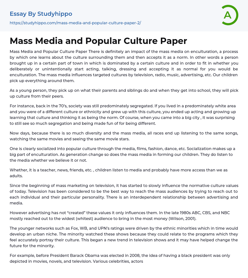 Mass Media and Popular Culture Paper Essay Example