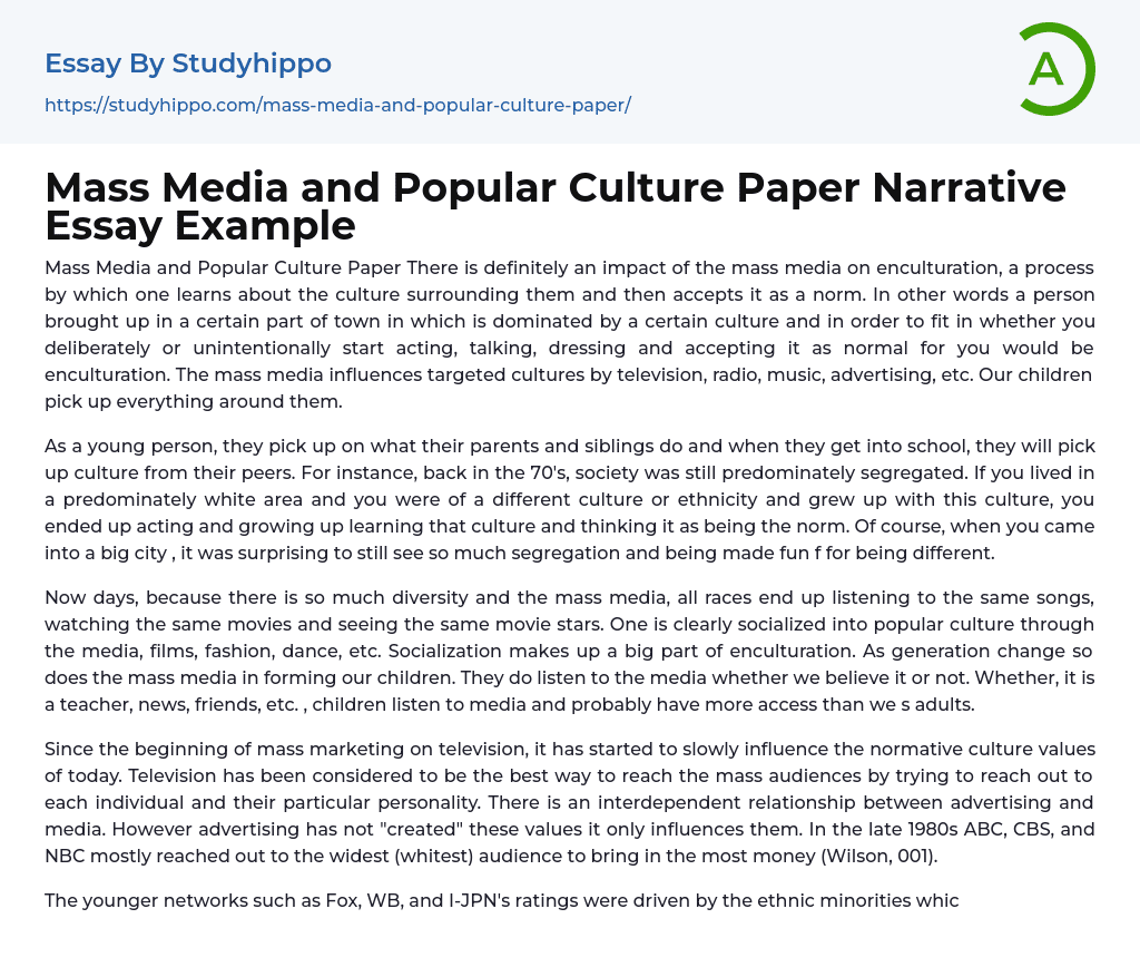 Mass Media and Popular Culture Paper Narrative Essay Example