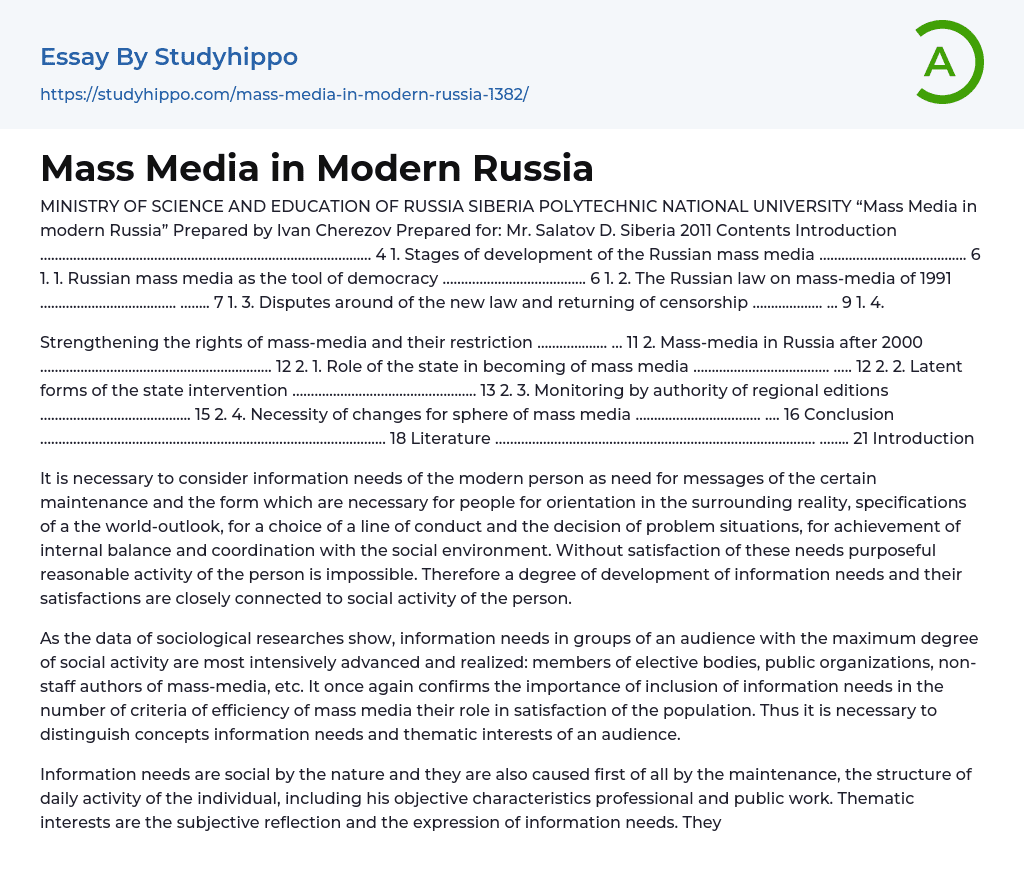 Mass Media in Modern Russia Essay Example