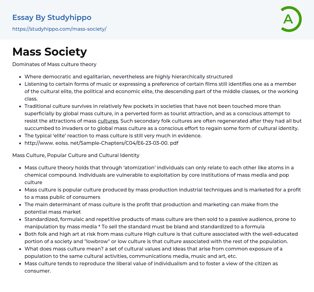 Mass Society Essay Example