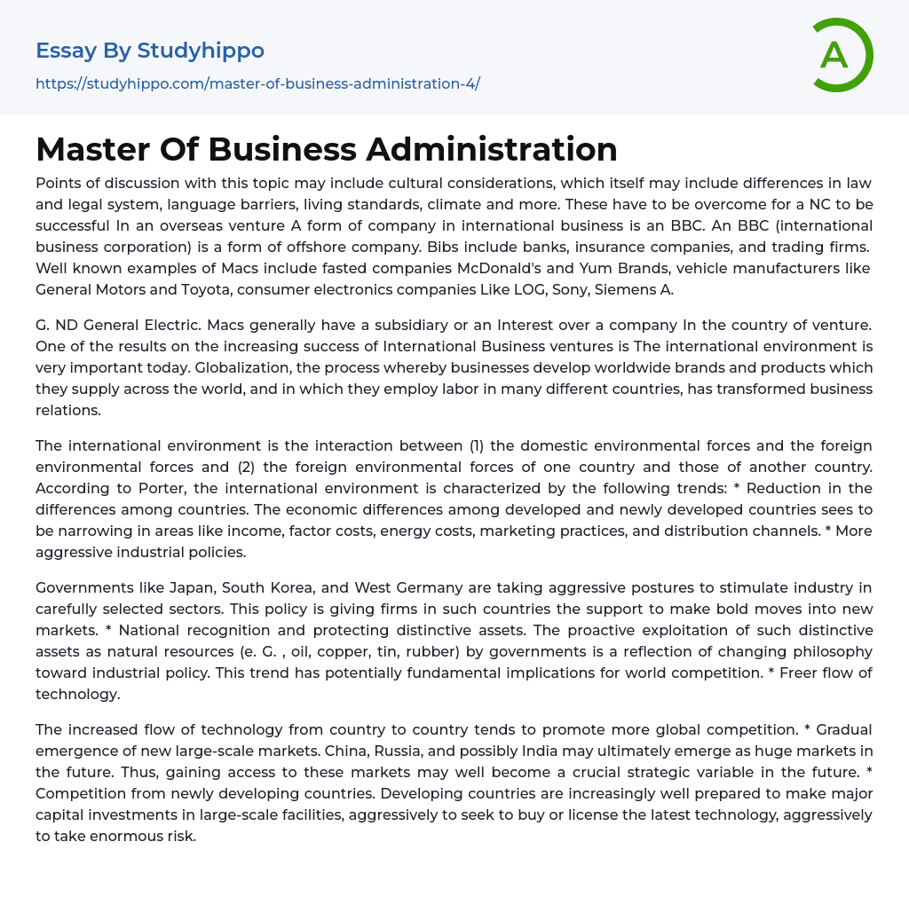 Master Of Business Administration Essay Example