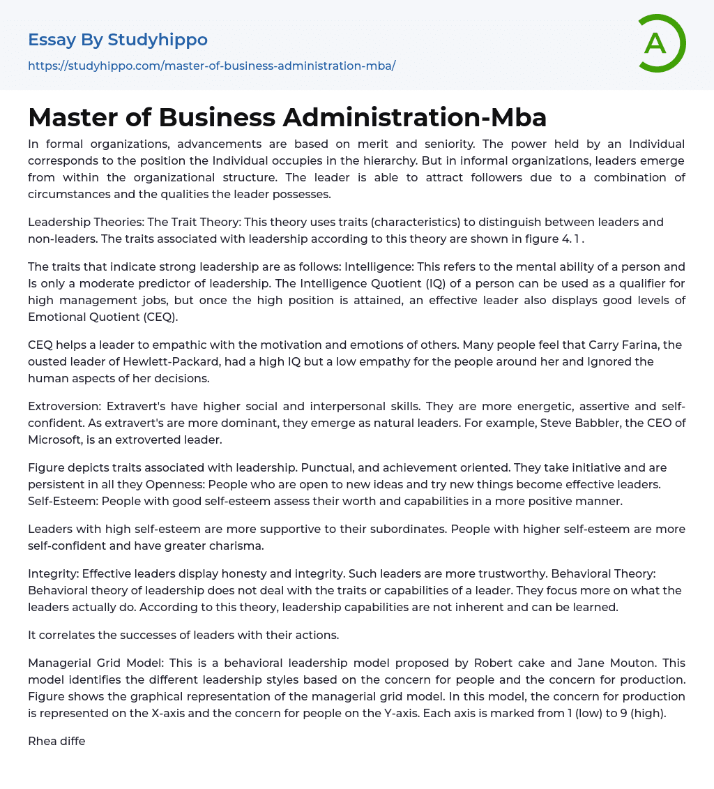 Master of Business Administration-Mba Essay Example