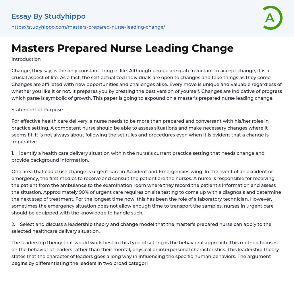 Masters Prepared Nurse Leading Change Essay Example