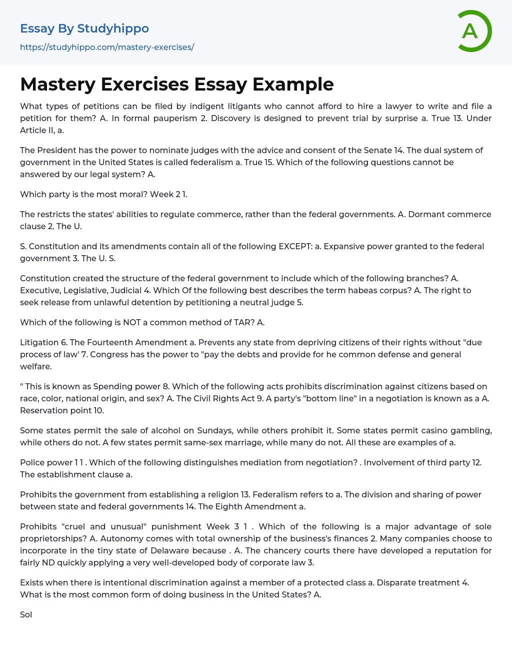 Mastery Exercises Essay Example