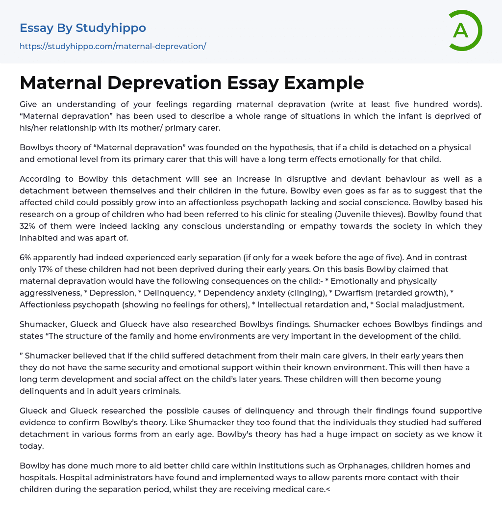 Maternal Deprevation Essay Example