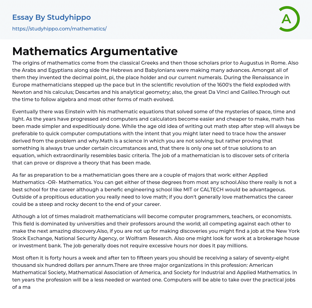 Mathematics Argumentative Essay Example