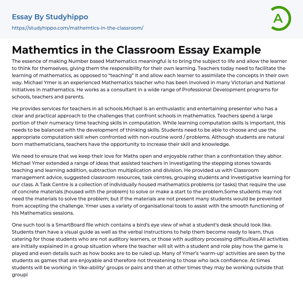Mathemtics in the Classroom Essay Example