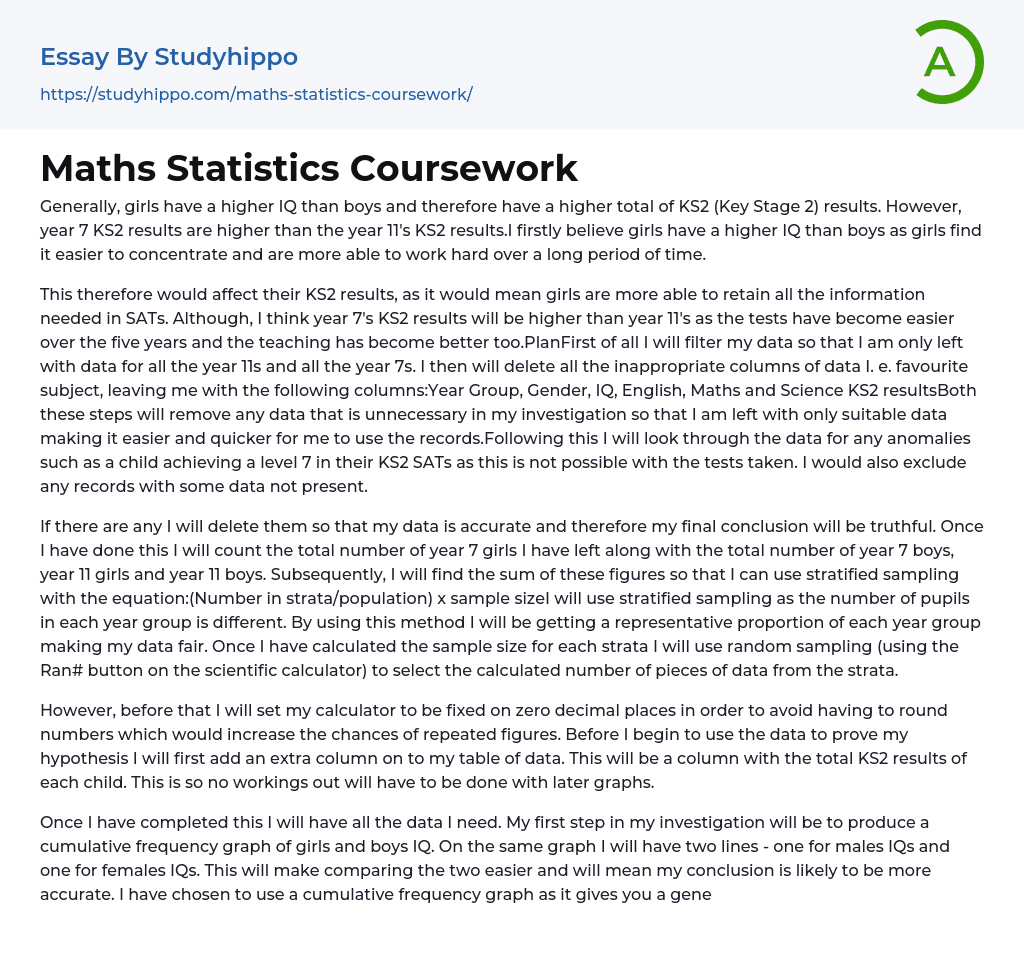 Maths Statistics Coursework Essay Example