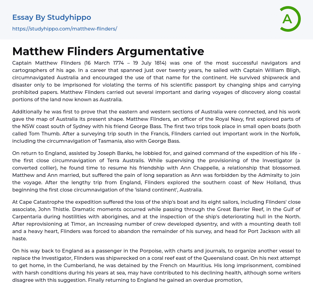 Matthew Flinders Argumentative Essay Example