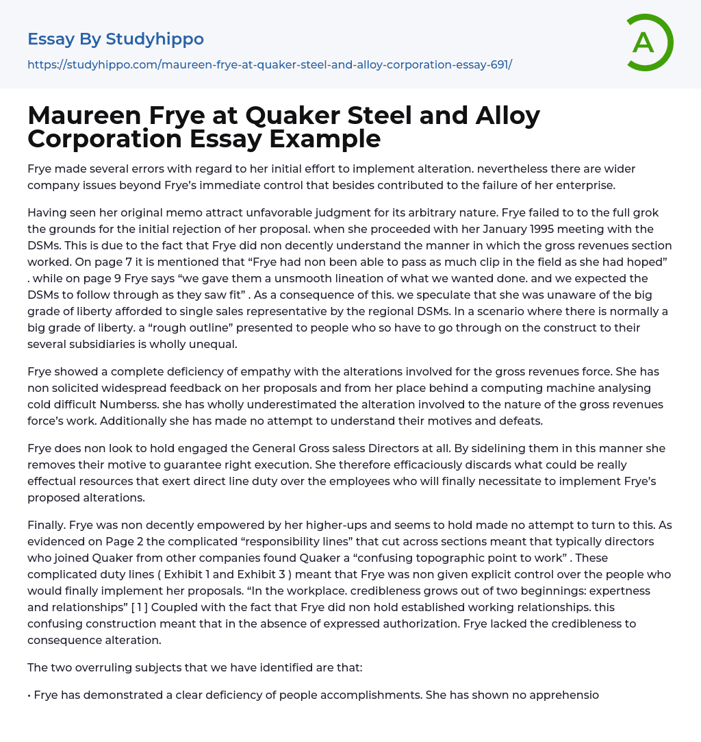 Maureen Frye at Quaker Steel and Alloy Corporation Essay Example