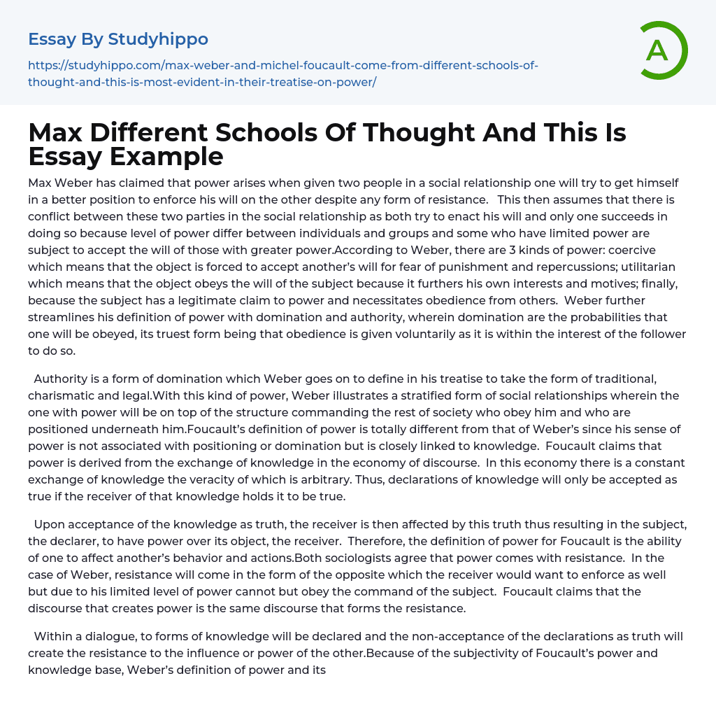 Max Different Schools Of Thought And This Is Essay Example