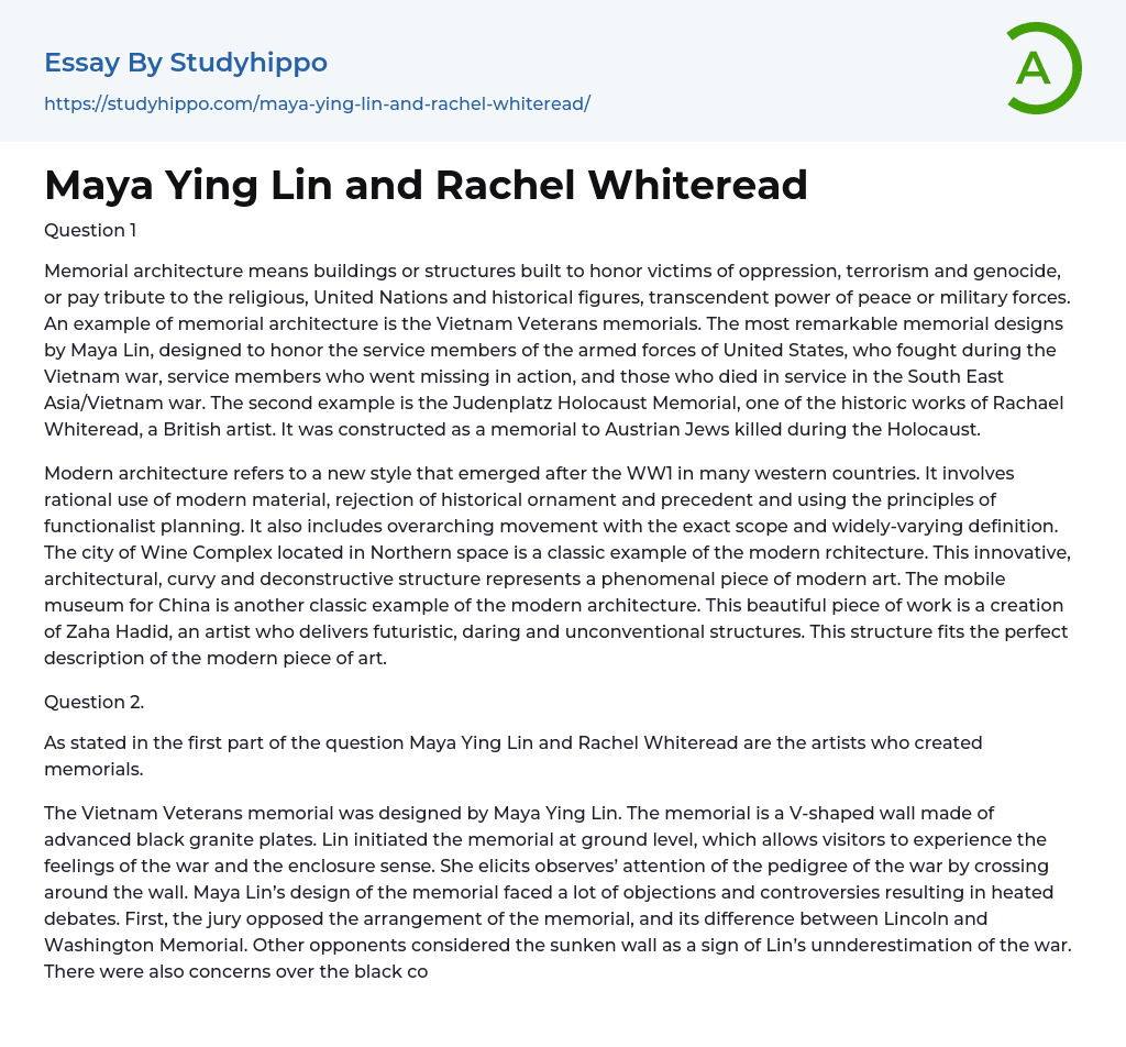 Maya Ying Lin and Rachel Whiteread Essay Example