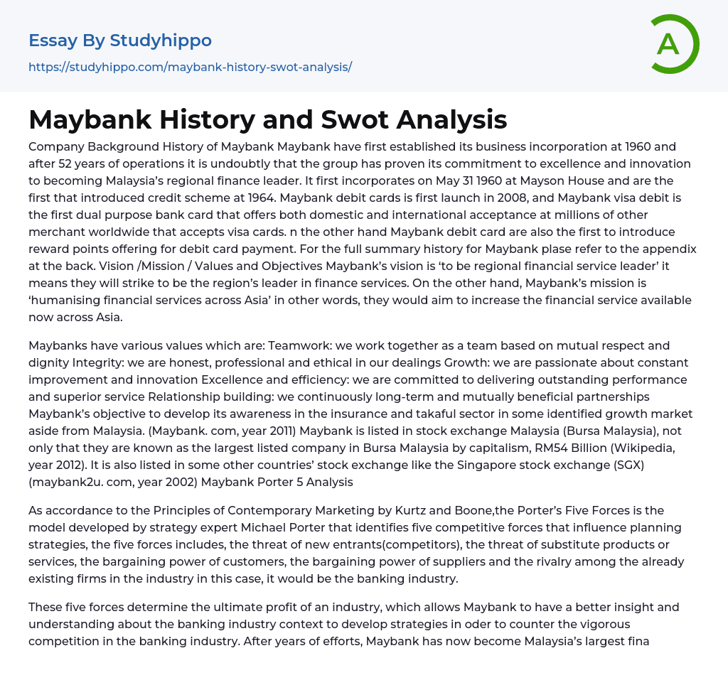 Maybank History and Swot Analysis Essay Example